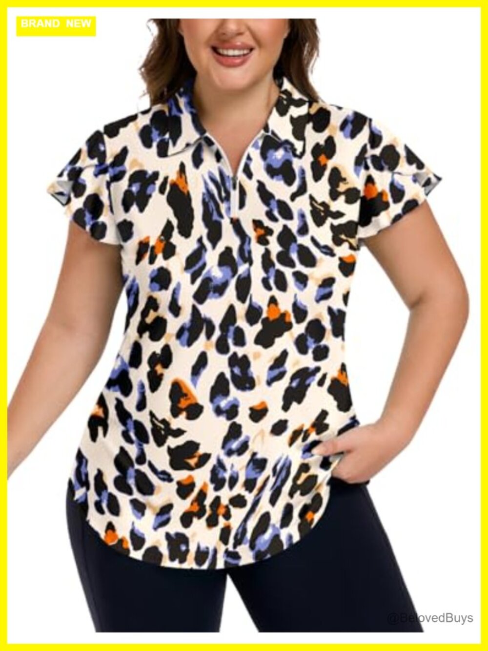Women's Plus Size Ruffle Sleeve Golf Polo Shirt Loose Fit 1/4 Zip V-Neck